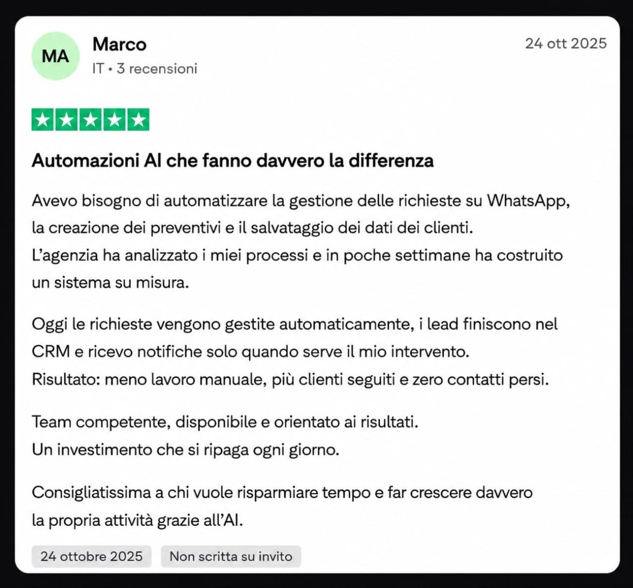Recensione di Marco su automazioni AI per richieste WhatsApp, preventivi e CRM.